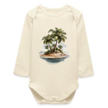 Tropical Palm Island Illustration - Baby Organic Long-Sleeved Bodysuit - soft Ecru - Front