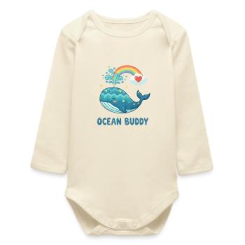 Baleine océanique fantaisiste avec cœur arc-en-ciel - Body bébé manches longues biologique - écru doux - Devant