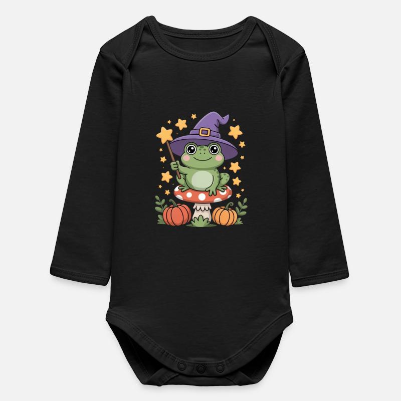 Cute witch frog on toadstool with magic wand - Baby Organic Long-Sleeved Bodysuit - black