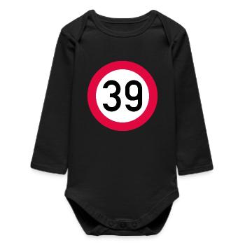 39e anniversaire Attention ! Panneau de signalisation 39 Km/h - Body bébé manches longues biologique - noir - Devant