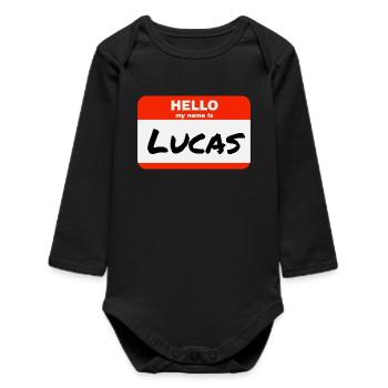 Bonjour, je m’appelle Lucas Étiquette Nom Tag - Body bébé manches longues biologique - noir - Devant