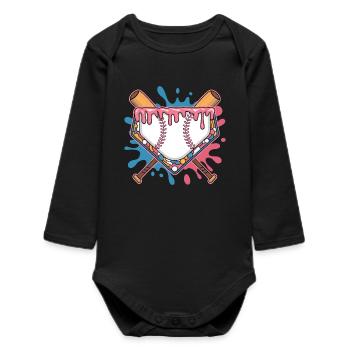 Baseball Homeplate with Batter and Colorful Splash - Baby Organic Long-Sleeved Bodysuit - black - Front