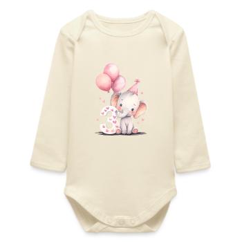Third Birthday Elephant 3 Balloons - Baby Organic Long-Sleeved Bodysuit - soft Ecru - Front