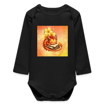 Sleepy dragon on flowered book - Baby Organic Long-Sleeved Bodysuit - black - Front