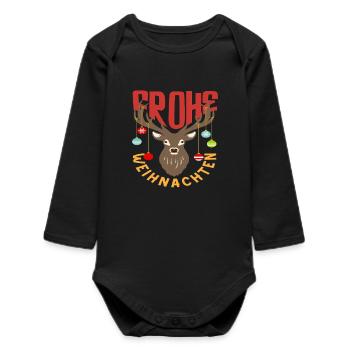 Merry Christmas Reindeer with Santa Hat - Baby Organic Long-Sleeved Bodysuit - black - Front