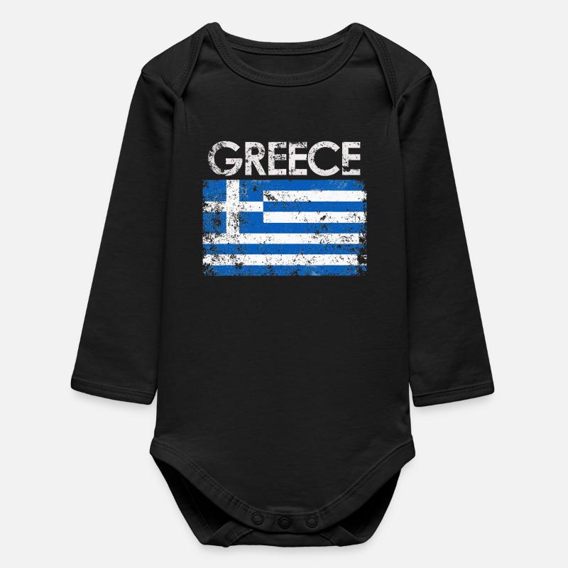 Distressed Greece Flag Graphic - Baby Organic Long-Sleeved Bodysuit - black