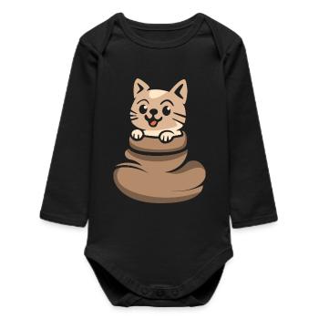 Cute cat looking out of brown sack - Baby Organic Long-Sleeved Bodysuit - black - Front