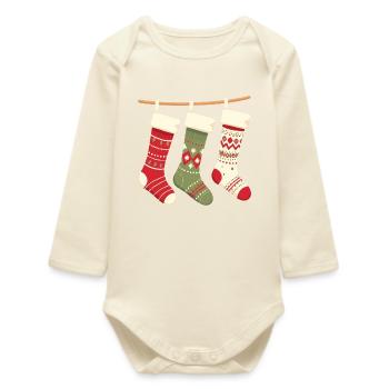 Three Stockings Christmas Pattern - Baby Organic Long-Sleeved Bodysuit - soft Ecru - Front