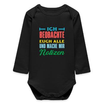 Je te surveille, je prends des notes, je prends de l’humour, au bureau, - Body bébé manches longues biologique - noir - Devant