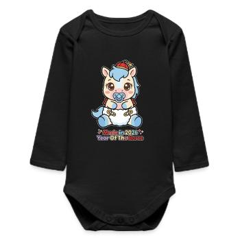 "Made In 2026 - Year Of The Horse" Baby Pferd süß - Baby Organic Langarmbody - Schwarz - Vorne