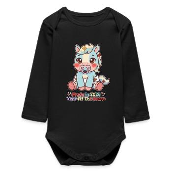"Made In 2026 - Year Of The Horse" Kawaii Fohlen - Baby Organic Langarmbody - Schwarz - Vorne