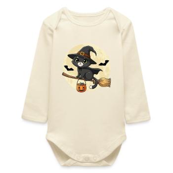Chat mignon Sorcière Halloween Chat noir - Body bébé manches longues biologique - écru doux - Devant