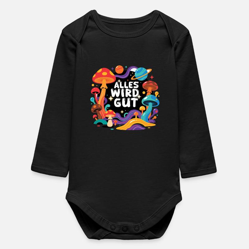 Everything Will Be Fine - Retro Mushrooms Space Design - Baby Organic Long-Sleeved Bodysuit - black