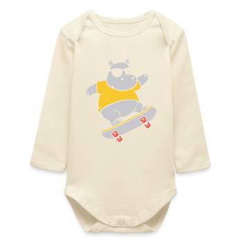 Cooles Nilpferd Skater Skateboard Vektor - Baby Organic Langarmbody - Natur - Vorne