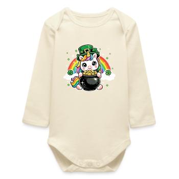 Shamrock Unicorn St Patrick’s Irish - Baby Organic Long-Sleeved Bodysuit - soft Ecru - Front