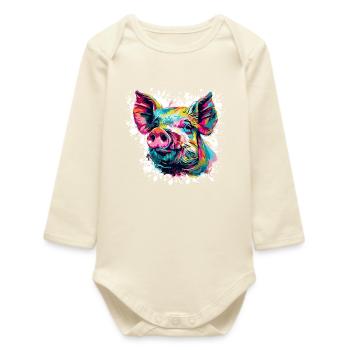 Pop-Art Schwein Kopf Farbexplosion - Baby Organic Langarmbody - Natur - Vorne