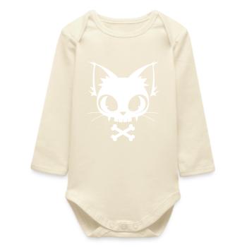 Skull Cat | Kawaii Skull & Bones Motif - Baby Organic Long-Sleeved Bodysuit - soft Ecru - Front
