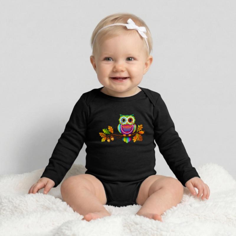 Bunte Eule auf Ast mit Herbstblättern Baby Organic Langarmbody