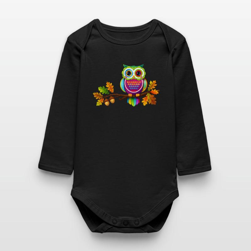 Bunte Eule auf Ast mit Herbstblättern Baby Organic Langarmbody