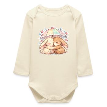 Cuddly rain rabbits under umbrella - Baby Organic Long-Sleeved Bodysuit - soft Ecru - Front