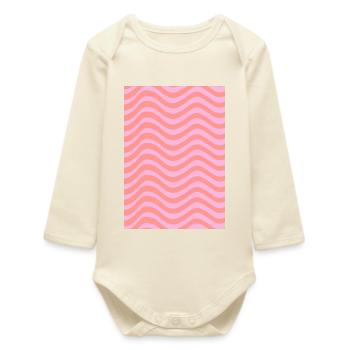 Stripe Wave Pattern - Pink Customizable - Baby Organic Long-Sleeved Bodysuit - soft Ecru - Front