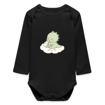 Cute Baby Dino with Bottle - Baby Organic Long-Sleeved Bodysuit - black - Front