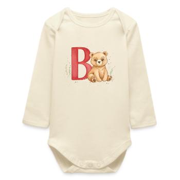 Bear and Letter B Child Motif - Baby Organic Long-Sleeved Bodysuit - soft Ecru - Front
