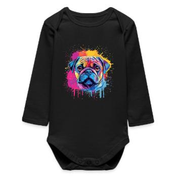 Color Splash Pug Porträt - Baby Organic Langarmbody - Schwarz - Vorne