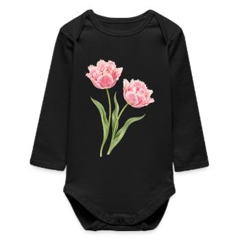 Pink Parrot Tulips Floral Motif - Baby Organic Long-Sleeved Bodysuit - black - Front