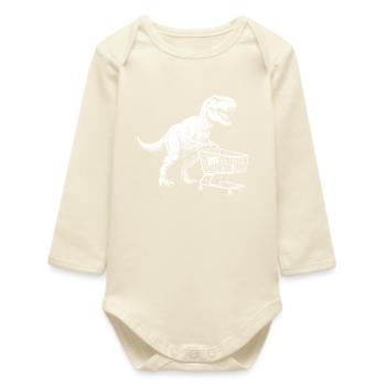 Dino Shopper: T-Rex with Cart - Baby Organic Long-Sleeved Bodysuit - soft Ecru - Front
