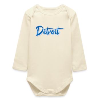 Detroit Blue Brush Font - Baby Organic Long-Sleeved Bodysuit - soft Ecru - Front