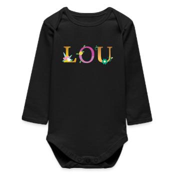 LOU Name Adorned with Flowers - Baby Organic Long-Sleeved Bodysuit - black - Front