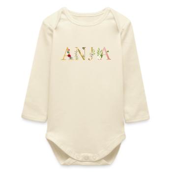 ANJA Name decorated with flowers - Baby Organic Long-Sleeved Bodysuit - soft Ecru - Front