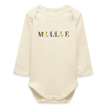 MILLIE Namenskunst mit Blumen gestickt - Baby Organic Langarmbody - Natur - Vorne
