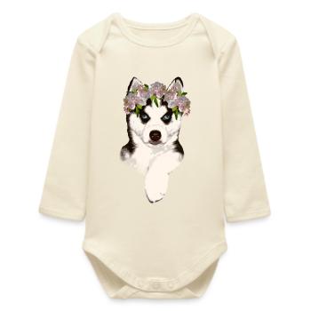 Husky with flower crown - Baby Organic Long-Sleeved Bodysuit - soft Ecru - Front