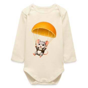 Cute Mouse with Orange Parachute Kawaii Motif - Baby Organic Long-Sleeved Bodysuit - soft Ecru - Front