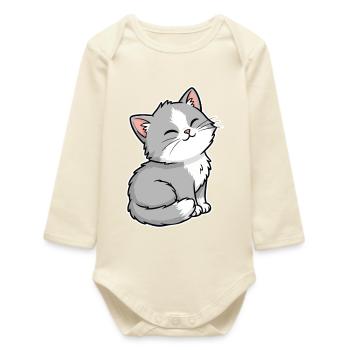 Chaton Gris et Blanc Heureux Portrait Kawaii - Body bébé manches longues biologique - écru doux - Devant