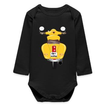 sun-yellow scooter with exciting license plate - Baby Organic Long-Sleeved Bodysuit - black - Front