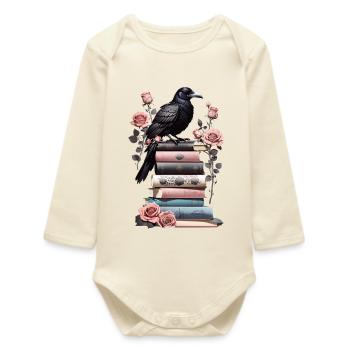 Pile de livres avec corbeau - Body bébé manches longues biologique - écru doux - Devant