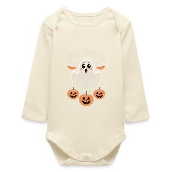 Scary Halloween ghost with pumpkins - Baby Organic Long-Sleeved Bodysuit - soft Ecru - Front