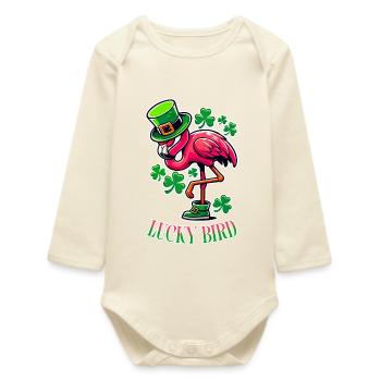 Lucky Bird – St. Patrick's Flamingo - Baby Organic Long-Sleeved Bodysuit - soft Ecru - Front