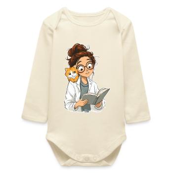 Cat Shoulder Reading Librarian Book Club T-Shirt - Baby Organic Long-Sleeved Bodysuit - soft Ecru - Front