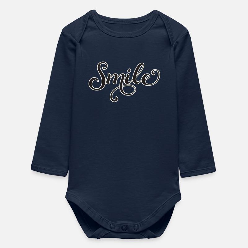 Smiling Script Lettering Smile - Baby Organic Long-Sleeved Bodysuit - navy