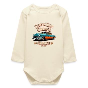 Classic Cars Garage Print - Baby Organic Long-Sleeved Bodysuit - soft Ecru - Front