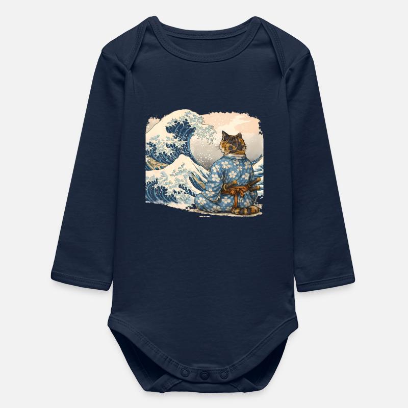Samurai Cat Wave Japanese Ukiyo-e Style - Baby Organic Long-Sleeved Bodysuit - navy