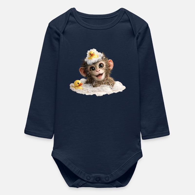 Bathing Time Monkey with Rubber Duck - Baby Organic Long-Sleeved Bodysuit - navy