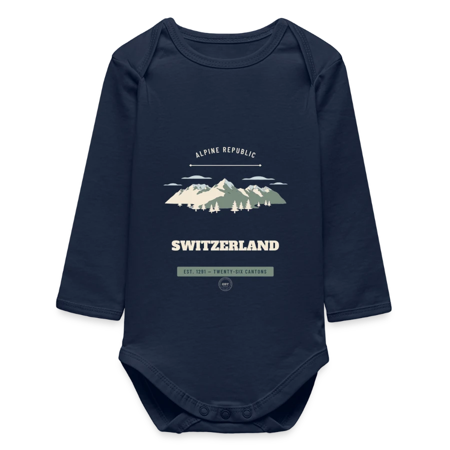 Switzerland badge on a baby organic long-sleeved bodysuit, navy
