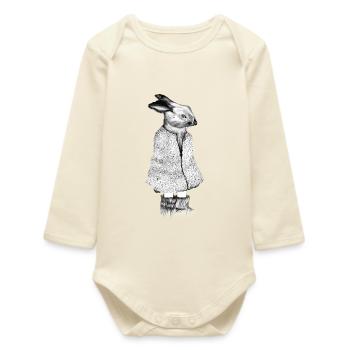 Rabbit drawn in coat, black and white - Baby Organic Long-Sleeved Bodysuit - soft Ecru - Front