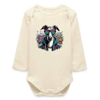 Greyhound Dog Sunglasses Graffiti Gift - Baby Organic Long-Sleeved Bodysuit - soft Ecru - Front