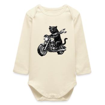 Schwarzer Panther auf Motorrad mit Sonnenbrille - Baby Organic Langarmbody - Natur - Vorne